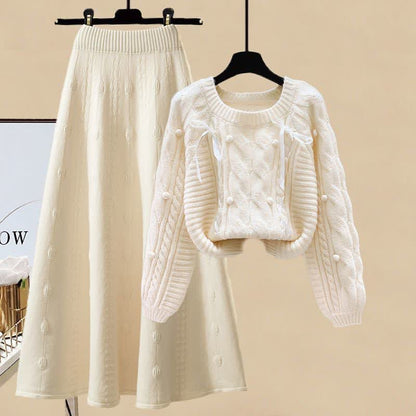 Set Skirt Cable Sweater Pills Decor Knit