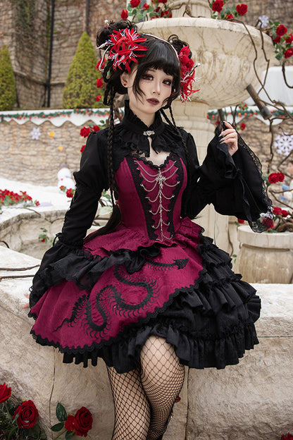 Multi-Layered Asymmetric Gothic JSK Dress with Lace and Bow