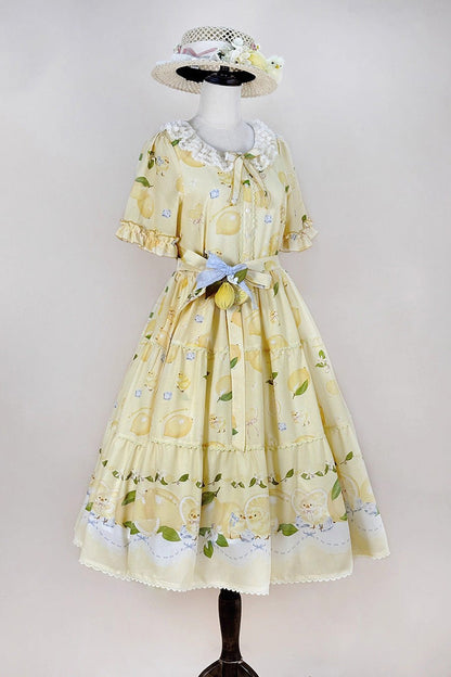 Lemon Chicken Short Sleeve Print Ruffle Bow Lace Daily Sweet Lolita Gown in Yellow