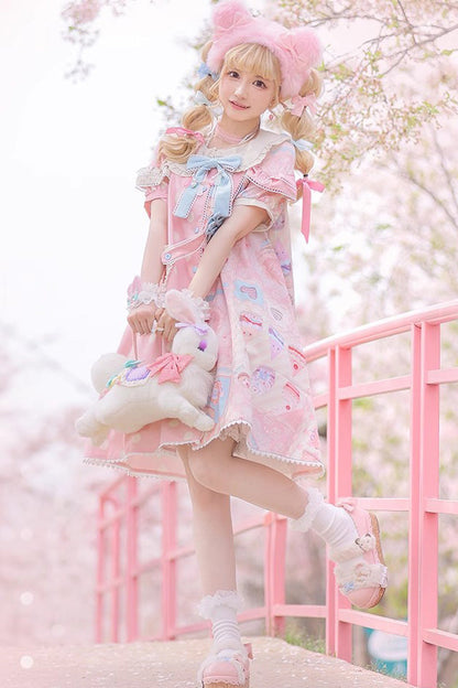 Chocolate Dessert Print Short-Sleeve Ruffled Bowknot Sweet Lolita Dress in Two Tones