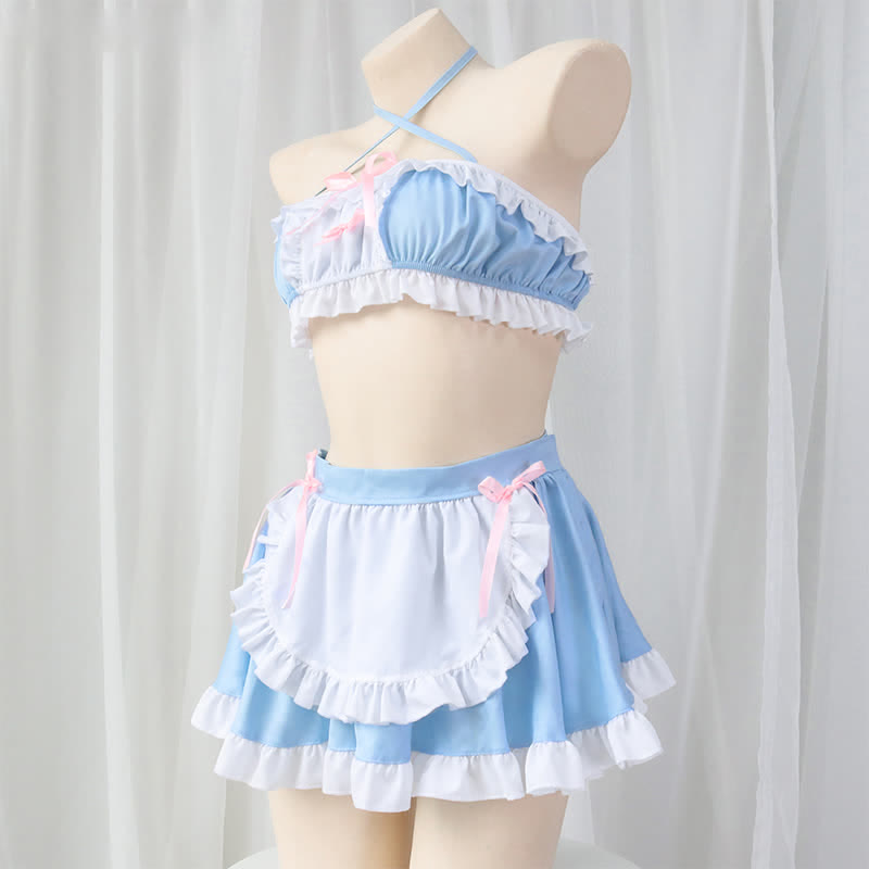 Sweet Blue Lace Up Ruffled Maid Skirt Lingerie Stockings Set