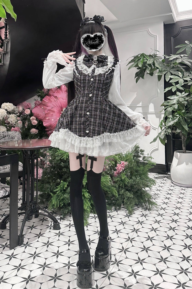 Lunar Eclipse Doll Plaid Printed Ruffled Bow Lace Sweet Jirai Kei Japanese Dress Shorts Set