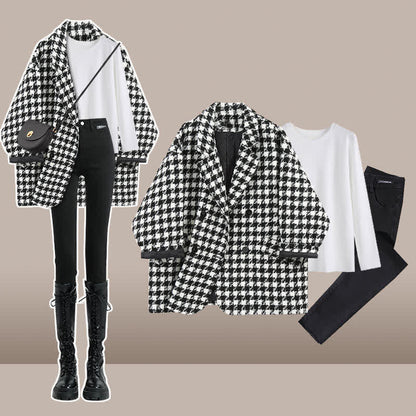 Lattice Blazer Print Lapel Slim Pants T-Shirt Denim Chic