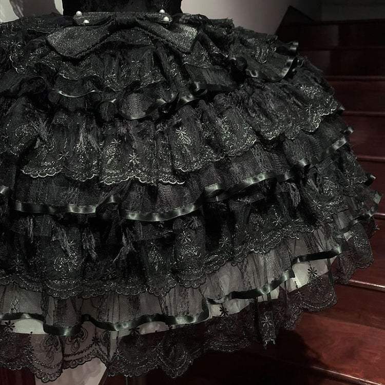 All Black Butterfly Fabric Bodice Hanayome Tiered Skirt Lolita Hime Dress