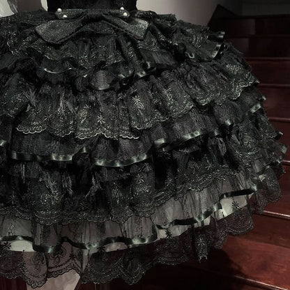 All Black Butterfly Fabric Bodice Hanayome Tiered Skirt Lolita Hime Dress