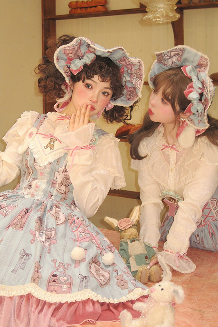 Pink/Green Sweet Lolita Bear Doll Print Ruffle Embroidery JSK Dress