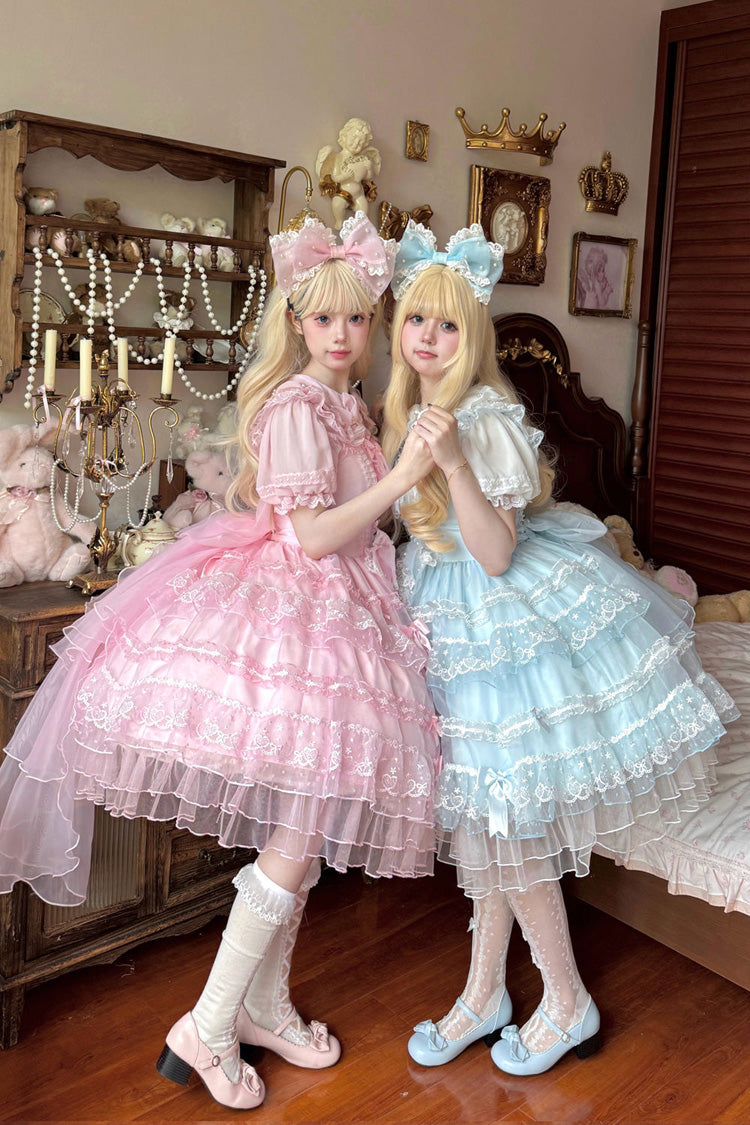Pink Multi-Tier Ruffle Bridal Bow Lace Sweet Lolita Jumper - Lotus Butterfly Heart
