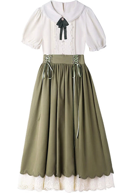 Solid Color Lapel Collar Short Sleeves High Waist Lace-Up Wave Hem Classic Lolita Two-Piece Set 7 Colors