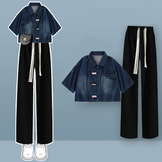 T-Shirt Denim Lapel Pants Set Drawstring