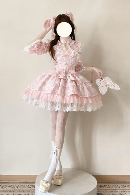 Pink Rain of Peaches Sleeveless Multi-Layered Bowknot Lace Sweet Chinese Style Lolita Jsk Dress
