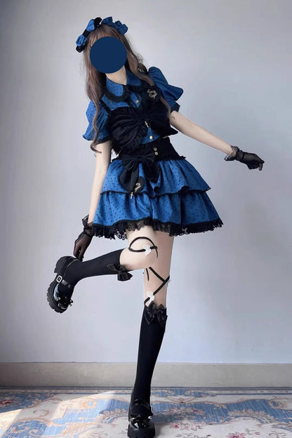 Blue Black Multi-Layer Polka Dot Print Bowknot Princess Sweet Lolita Skirt Set