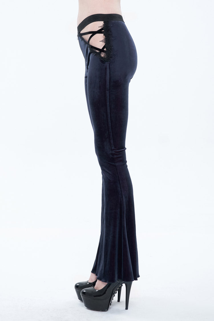 Velvet Low-Rise Ribbon Cutout Flare Gothic Pants