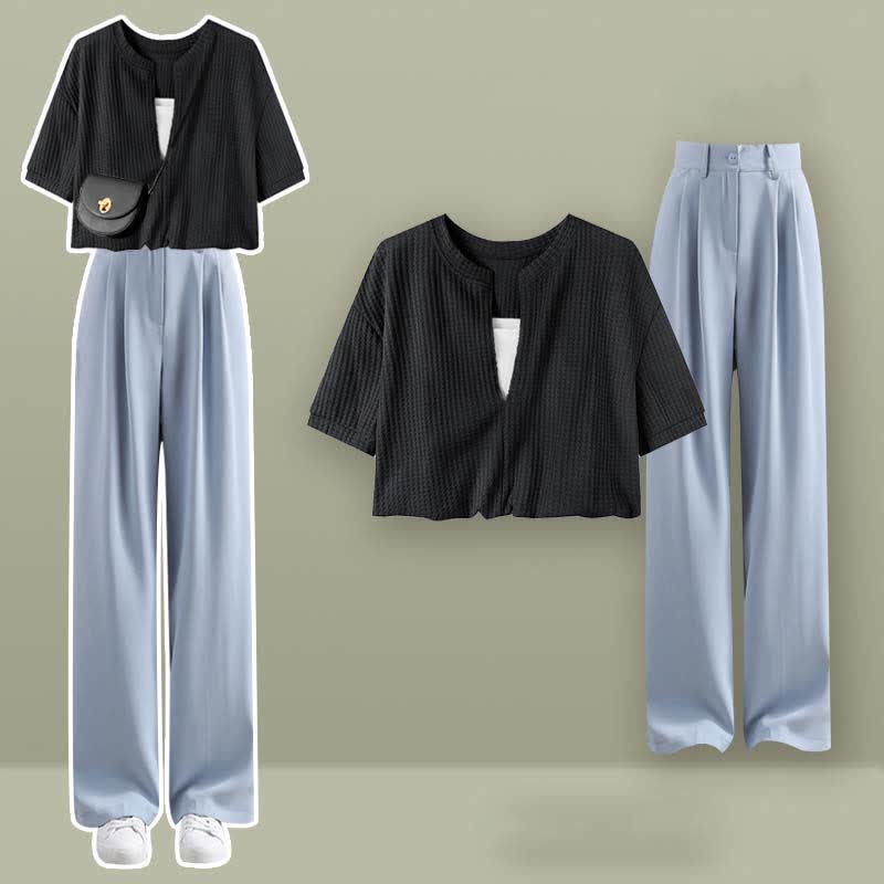 Fake Two Pieces Crop Top T-Shirt Casual Pants Set SP19694