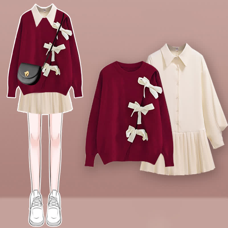 Shirt Sweater Cable Pleated Dress Red Set