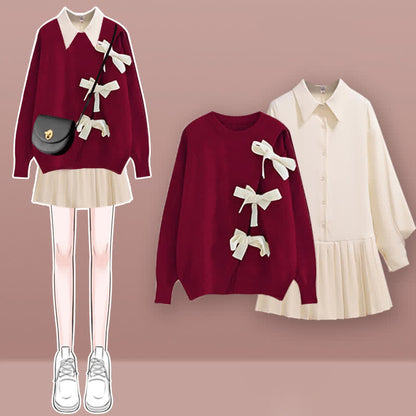 Shirt Sweater Cable Pleated Dress Red Set