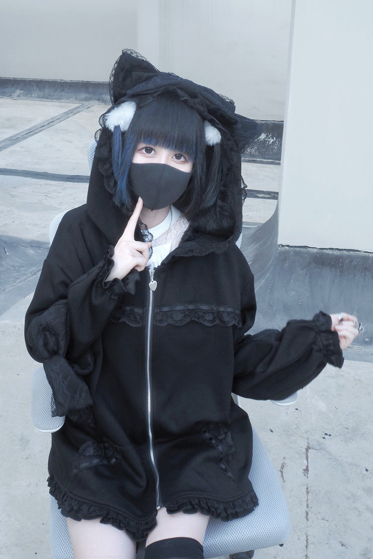 Black Cat Ear Hooded Ruffle Bow Gothic Coat