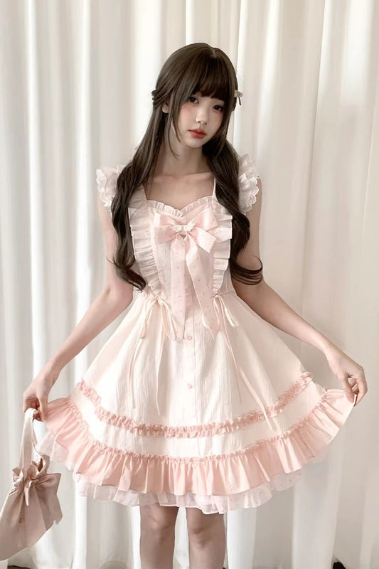 Pink Spring Timeline Double Layer Ruffle Bow Lace Up Sweet Princess Lolita Dress