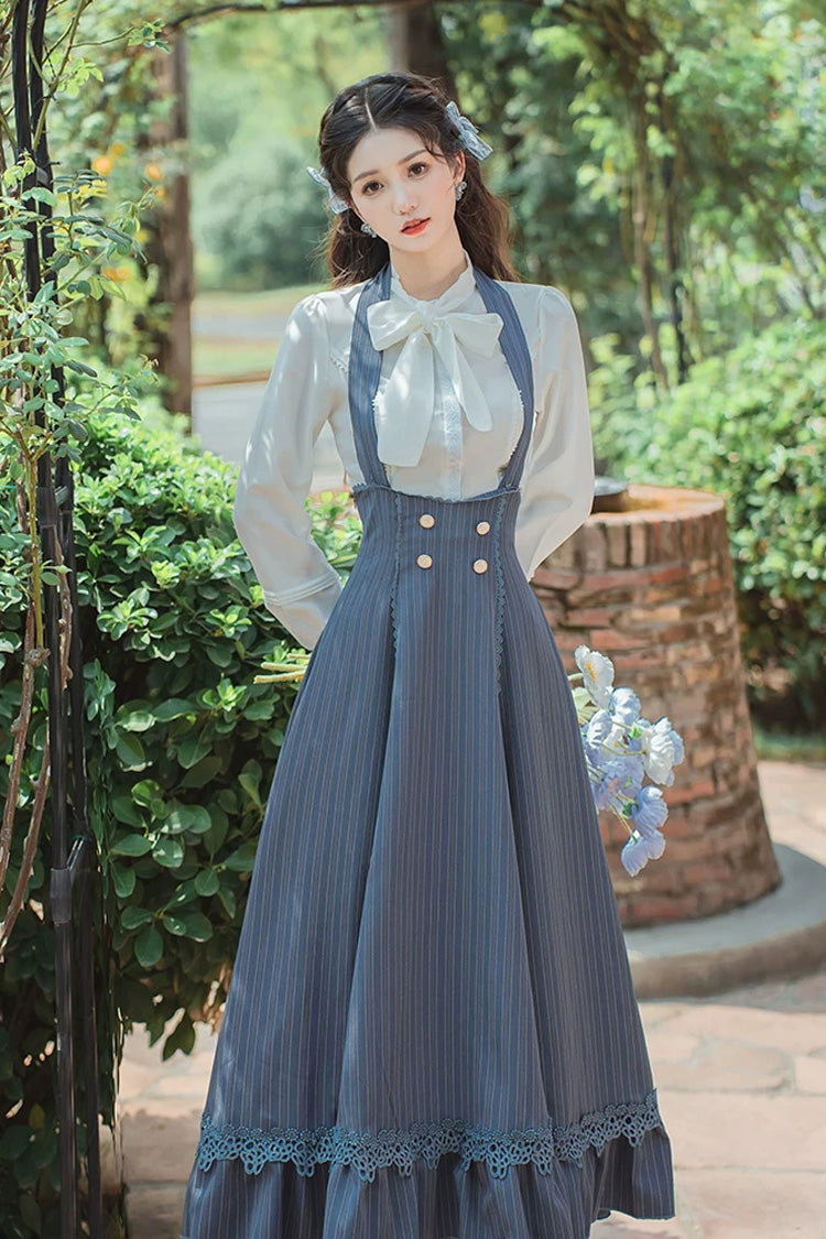 Blue Bustier Halter Long Sleeves Striped Print Bow Lace Sweet Lolita Two-Piece Set