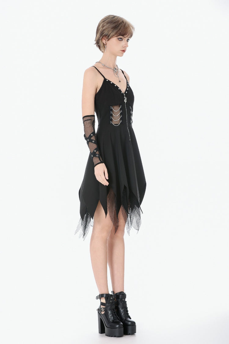 Studded Mesh Punk Slip Dress with Zippers