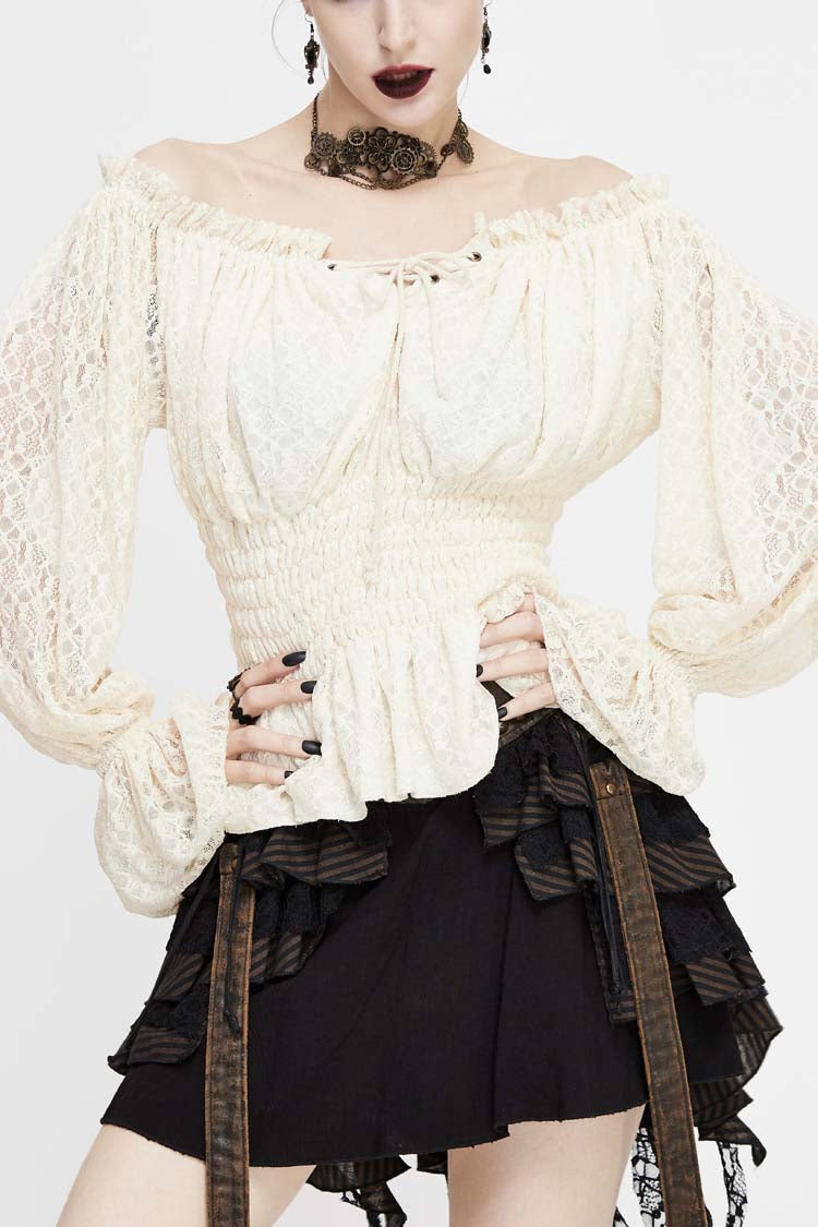 Ivory Off-Shoulder Long Sleeve Ruffled Lace Gothic Top