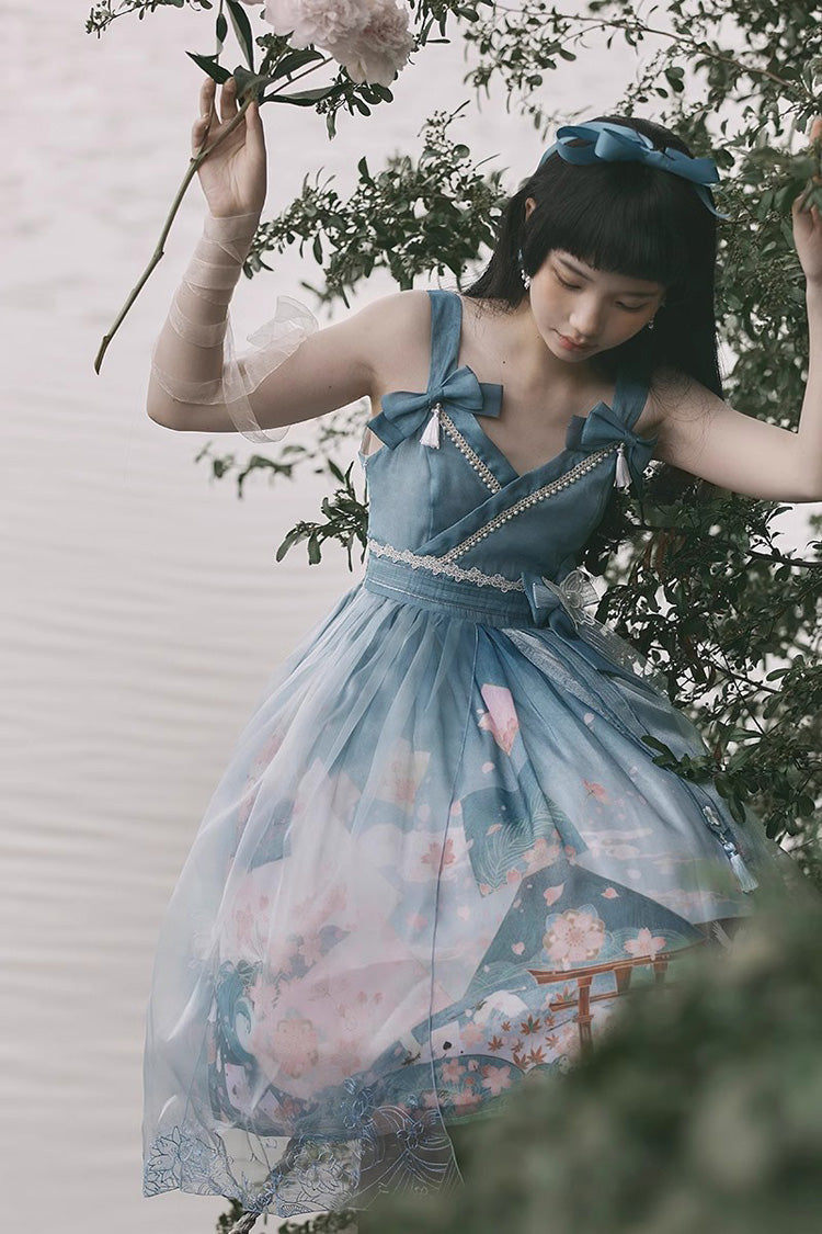 Colorful Fuji Sakura Print Bow Alice Lolita JSK Gown