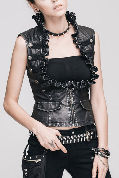 Wave Collar Punk Vest, Hand-Rubbed Leather, Silver Accents - Noir