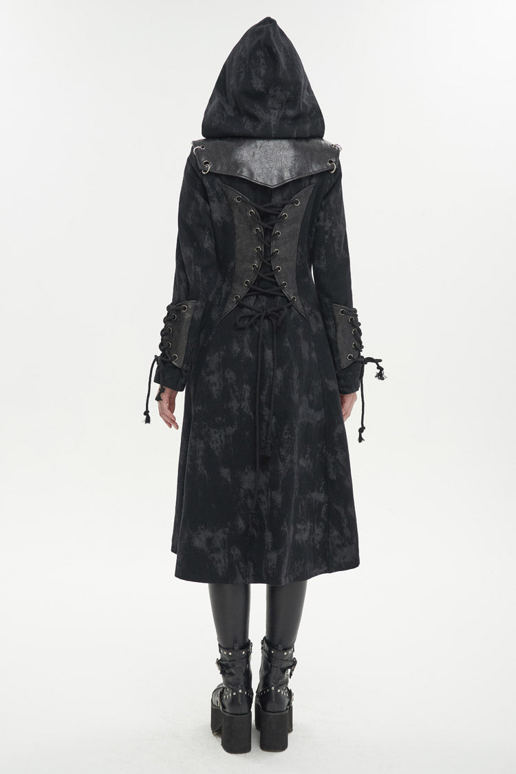Long Punk Coat for Women with Hood and Irregular Print in Spliced Black Faux Leather