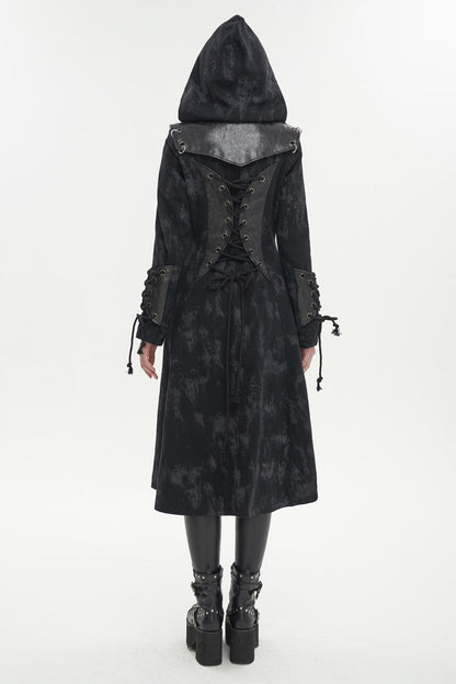 Long Punk Coat for Women with Hood and Irregular Print in Spliced Black Faux Leather
