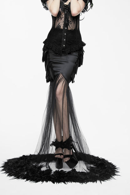 Satin Gothic Skirt with Feather Hem and Fishtail Silhouette