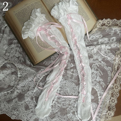 Pink Lace-up Detail Underknee Stockings With Bowknot Leg Loop