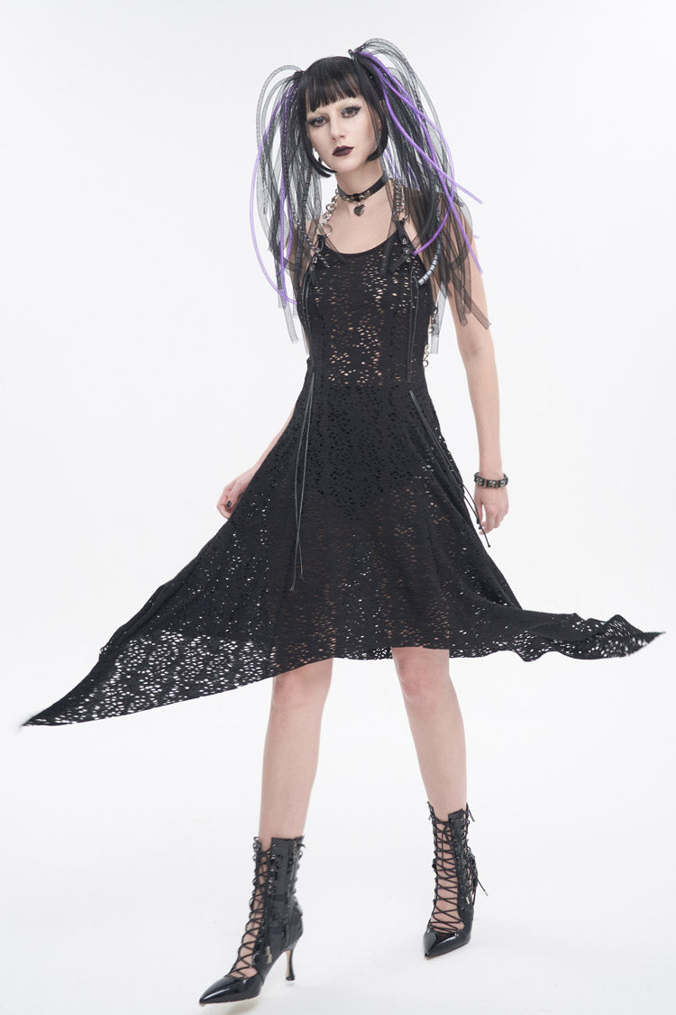 Wool Patterned Metal Chain Halter Backless Black Punk Dress