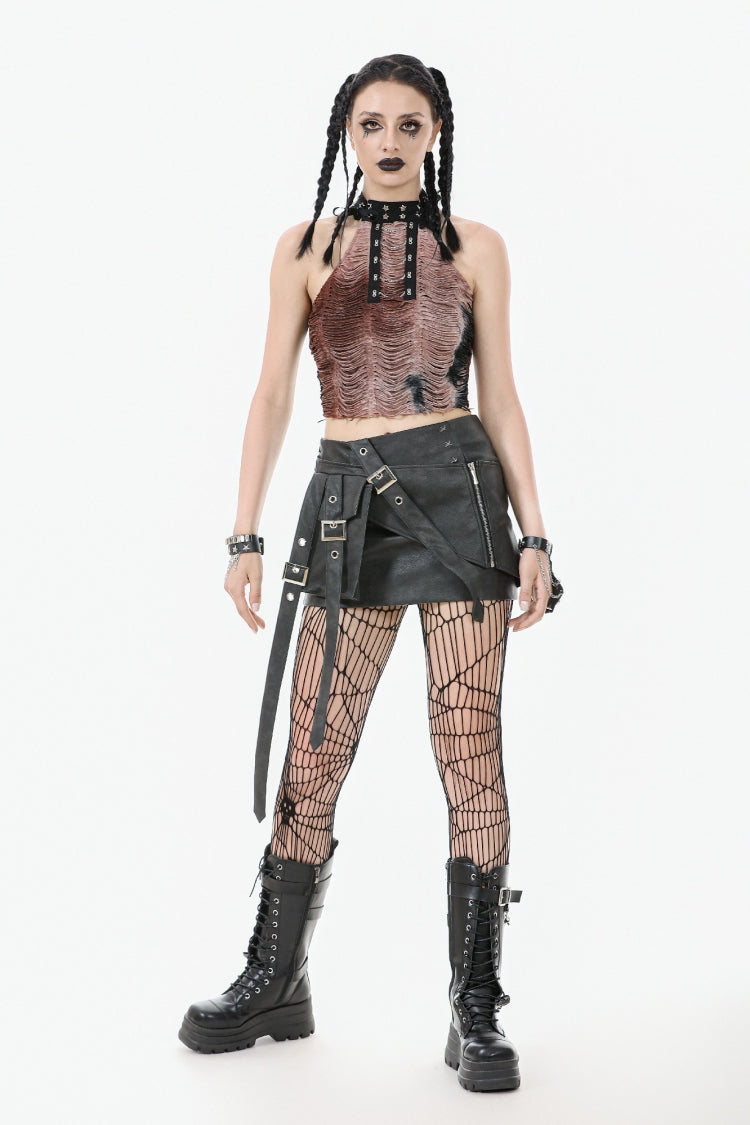 Punk Women's Short Skirt with Faux Leather Straps and Zippered Detail