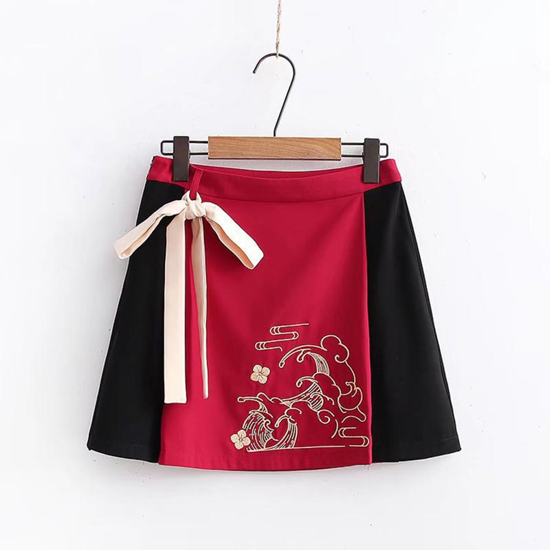 Vintage Red Embroidery Hoodie Bow Knot Skirt Set