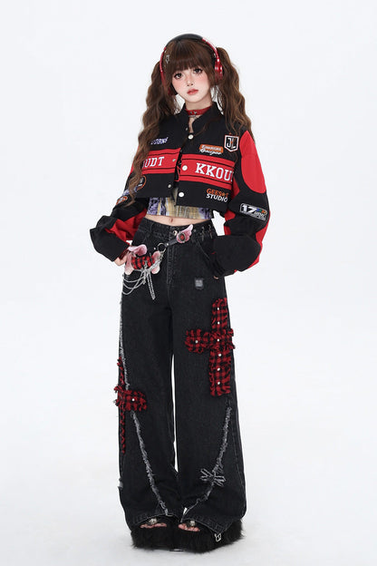 Biker Girl Print Embroidery Zip Detachable Coat Three Colors