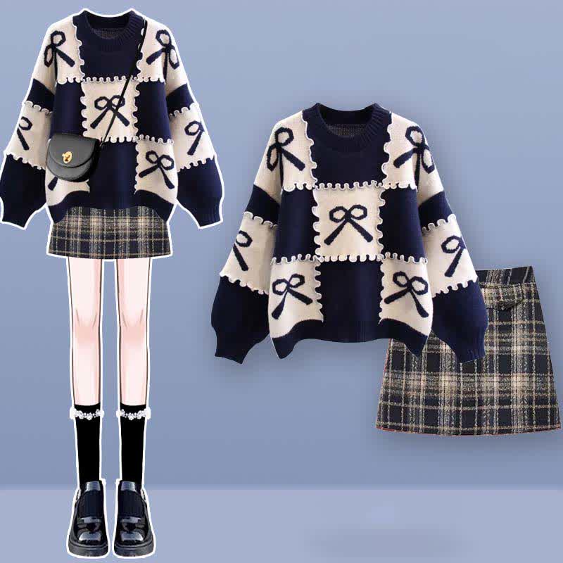 Plaid Knot Skirt Print Sweater Set Pleated Bow
