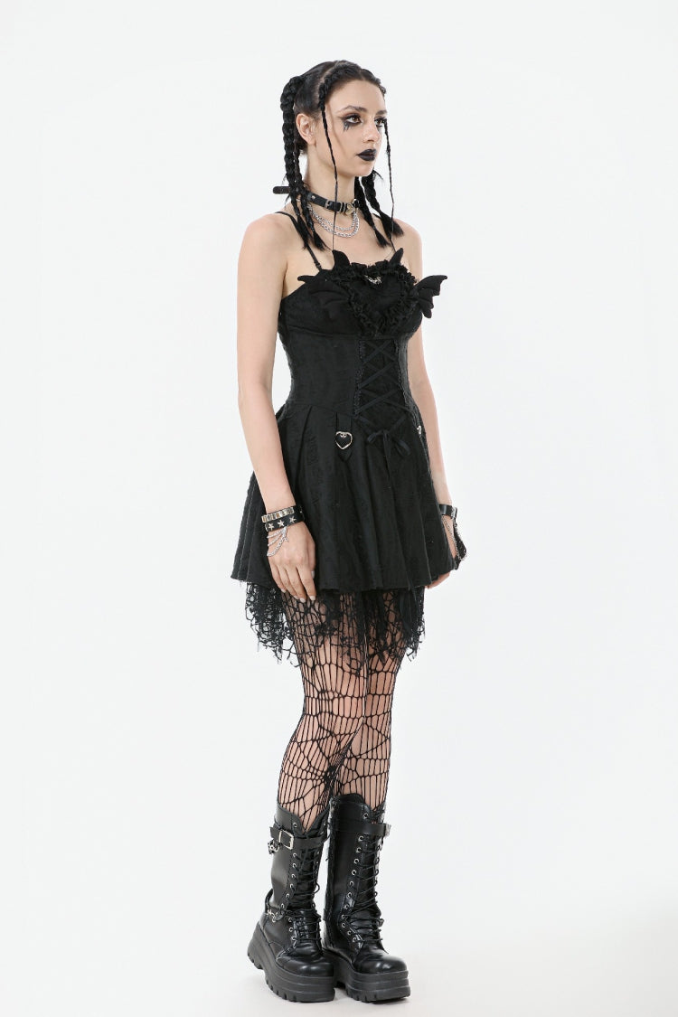 Pleated Dark Demon Slip Dress with Corset Lacing - NoirEdge