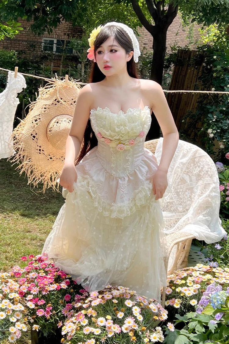 Pink Floral Love Ruffle Bow Lace Elegant Lolita Maxi Set