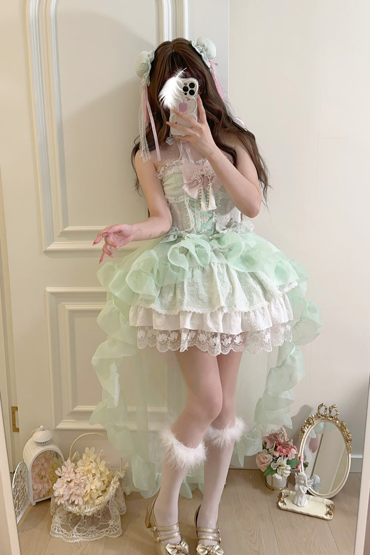 Emerald Rain and Flowers Halterneck Jacquard Bowknot Lace Sweet Lolita JSK
