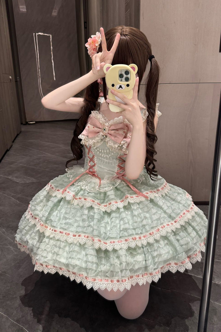 Emerald Triple-Layer Bow Lace-Up Lolita JSK - Floral Letters