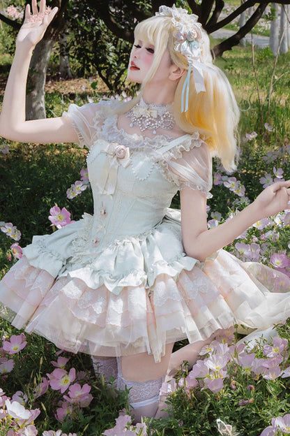 Green Fleeting Light Shallow Dream Sleeveless Multi-Layered Ruffle Bowknot Lace Slim Sweet Ballet Jsk Dress