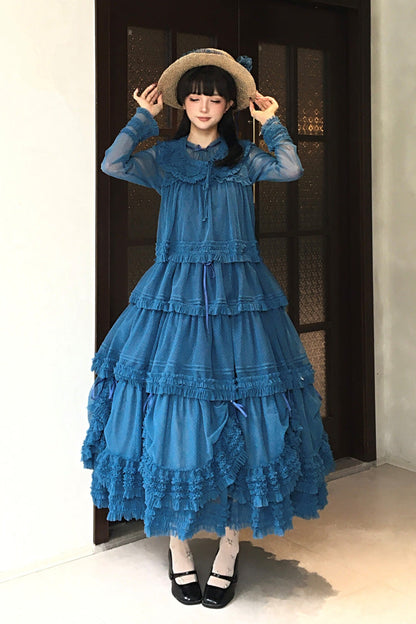 Sweet Stand Collar Long Sleeve Multi Layer Ruffle Color Block Lolita Tiered Dress 14 Colors
