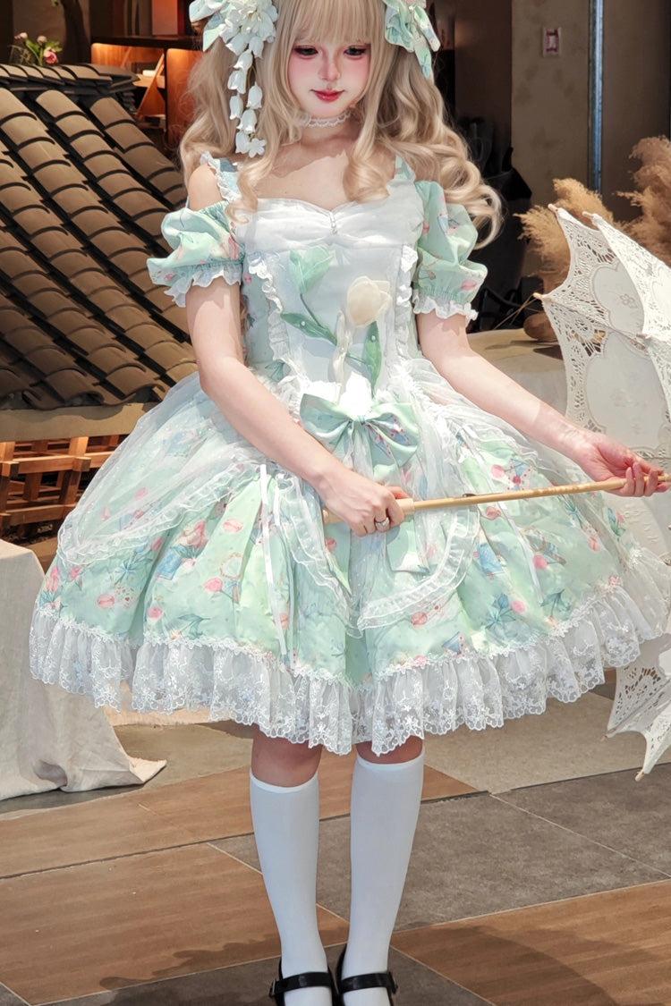 Emerald Off-Shoulder Ruffle Lace Sweet Lolita Dress - Tulip's Letter