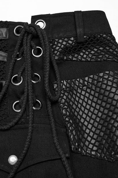 Gothic Men's Kilt with Faux Leather Stitching Lace-Up and Irregular Mesh