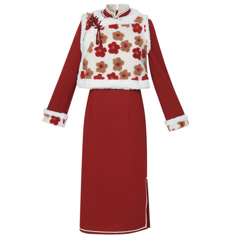 Rote Blumen Schnalle Weste Bowknot Cheongsam Kleid