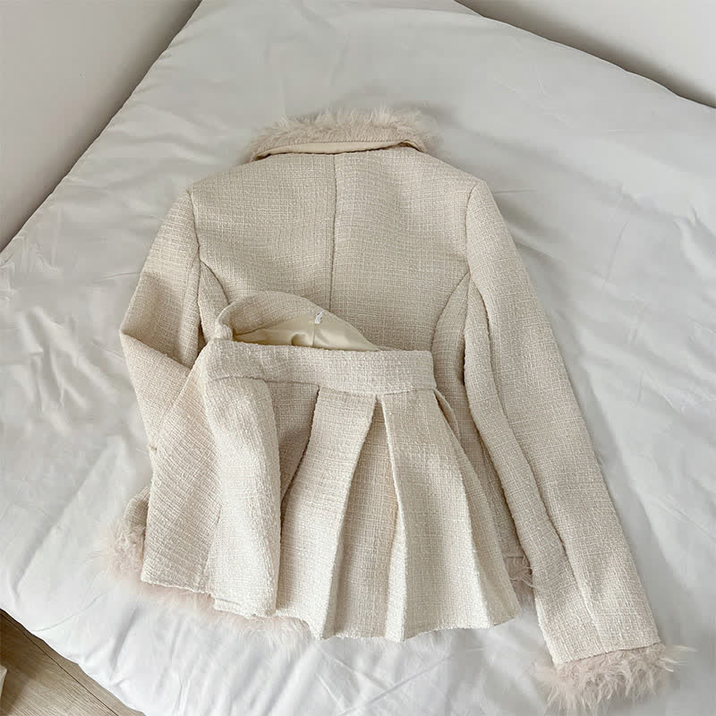 Set Mini Coat Fuzzy Pleated Skirt Elegant Lapel
