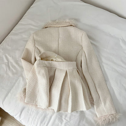 Set Mini Coat Fuzzy Pleated Skirt Elegant Lapel