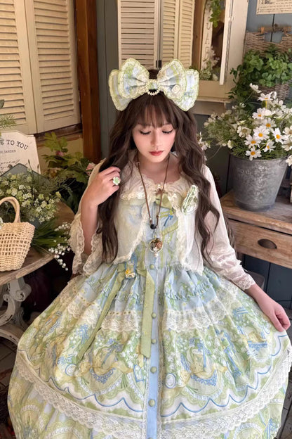 Blue Green Lily of the Valley Perfume Pearl Candy Tea Doll Collar Sleeveless Print Lace Plus Sweet Lolita JSK