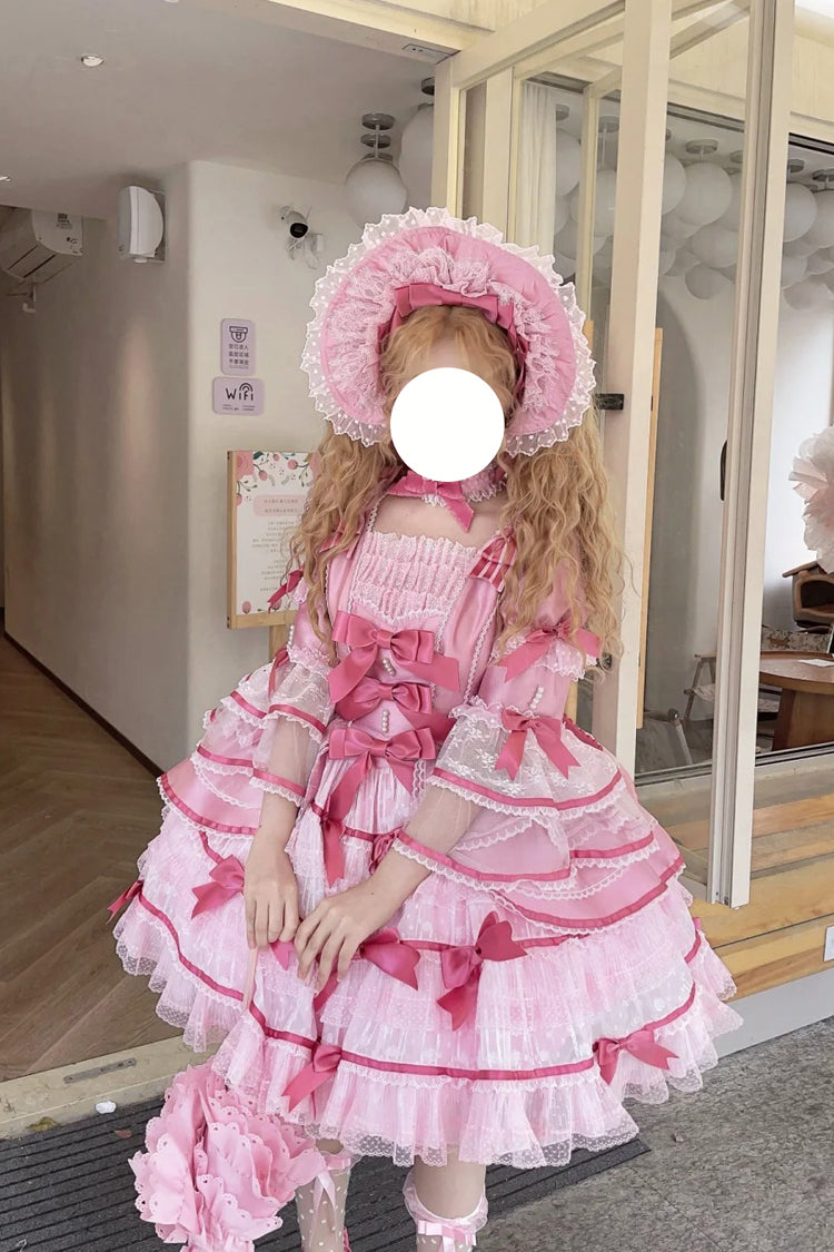 Rose Velvet Cake Long Trumpet Sleeves Multi Ruffle Bow Lace Sweet Lolita Dress