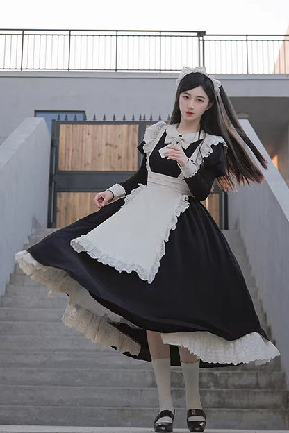 Ruffled Bow Sweet Elegant Maid Dress - Black/White