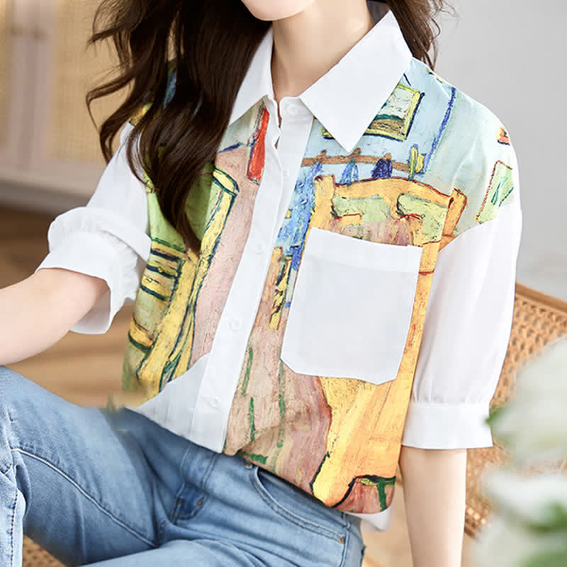 Colorblock Painting Print Pocket Lapel Shirt